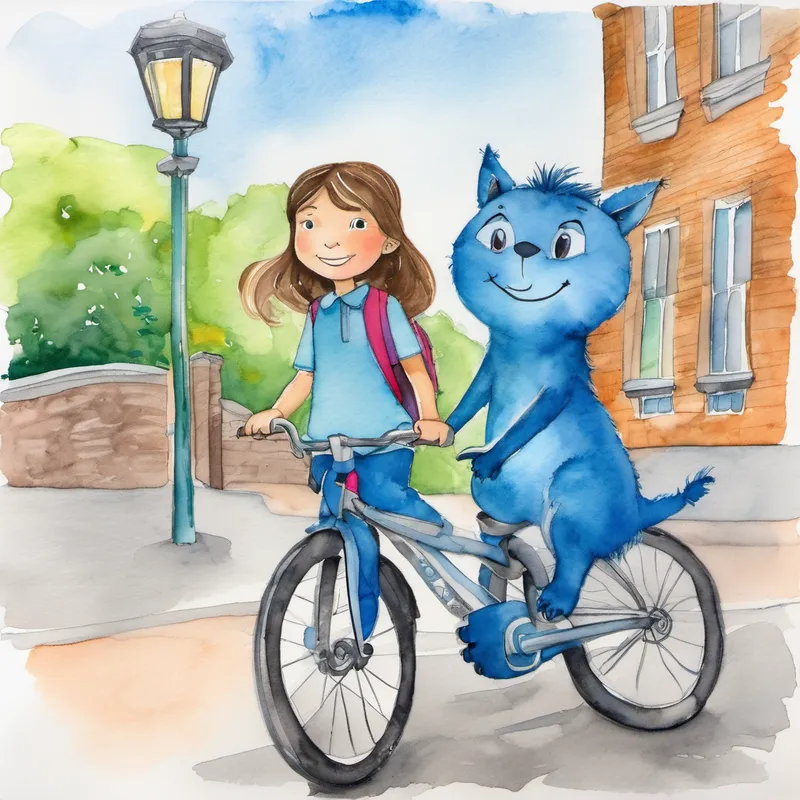 A 9-year-old girl with long brown hair and A cute blue creature who is Lexi's best friend riding their bikes past St. Luke's Primary School. Colorful sight words posted on lampposts and buildings.