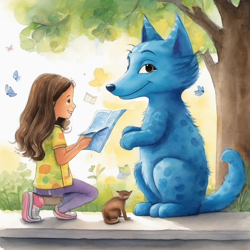 A 9-year-old girl with long brown hair and A cute blue creature who is Lexi's best friend finding the word 'cat' on a store window. A 9-year-old girl with long brown hair and A cute blue creature who is Lexi's best friend finding the word 'dog' on a mailbox. A 9-year-old girl with long brown hair and A cute blue creature who is Lexi's best friend finding the word 'sun' on the ground near a park.
