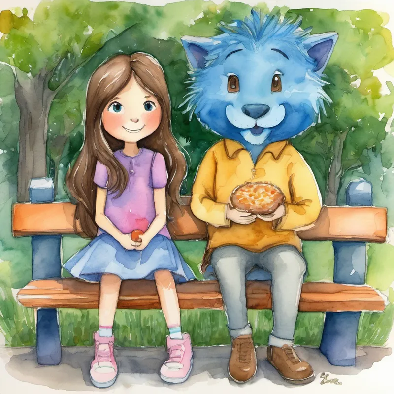 A 9-year-old girl with long brown hair and A cute blue creature who is A 9-year-old girl with long brown hair's best friend sitting on a park bench, eating Chicken McNuggets. A 9-year-old girl with long brown hair giving A cute blue creature who is A 9-year-old girl with long brown hair's best friend a hug.