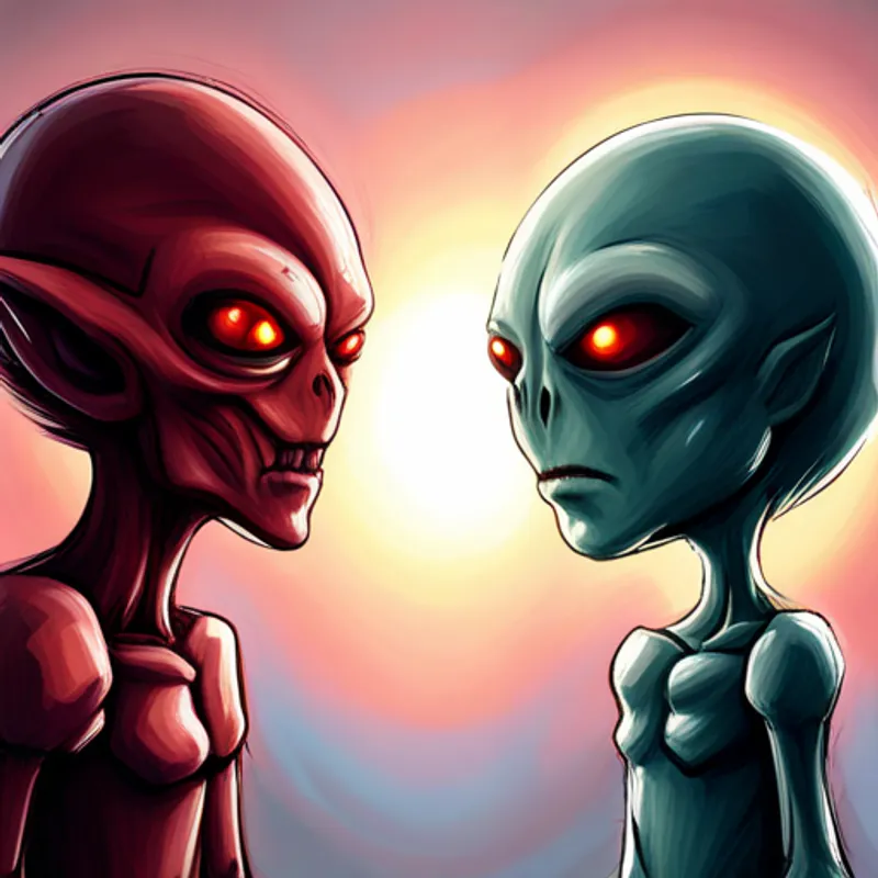 Ben and Tall alien with gray skin and red eyes. facing off in an epic battle