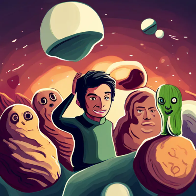 Ben surrounded by grateful aliens from different planets