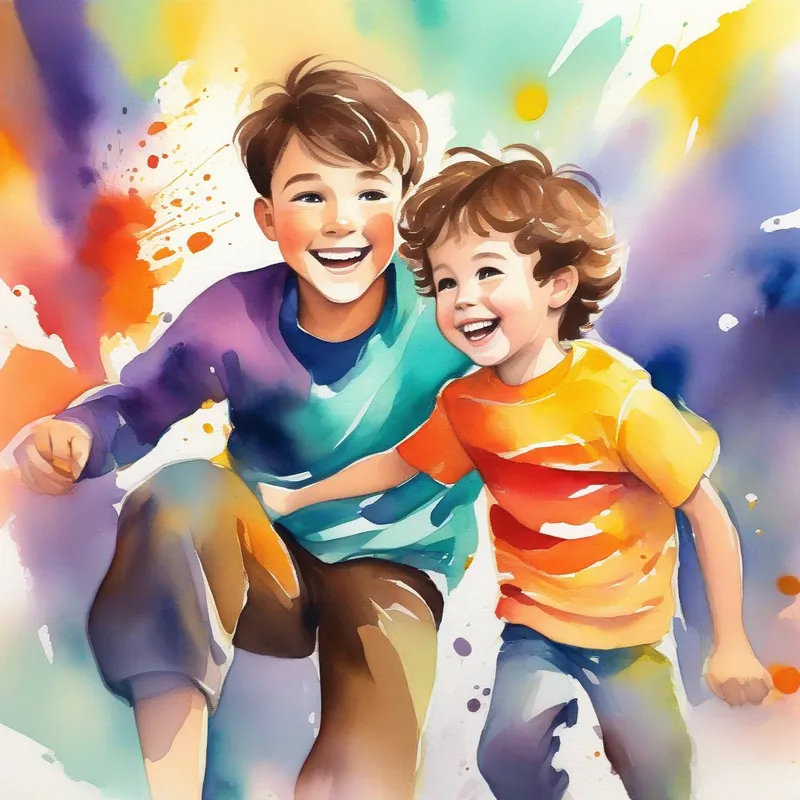 A young boy with messy brown hair and a big smile, vibrant clothes and his dad at the trampoline park, vibrant colors