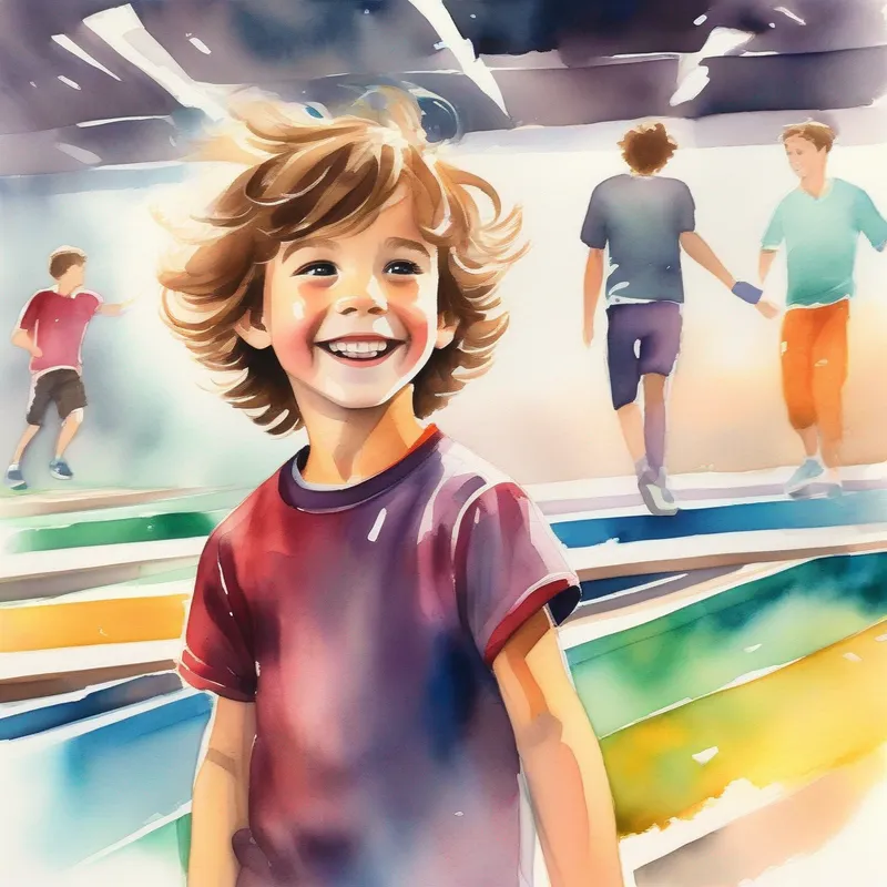 A young boy with messy brown hair and a big smile, vibrant clothes leaving the trampoline park, a hint of disappointment in the colors