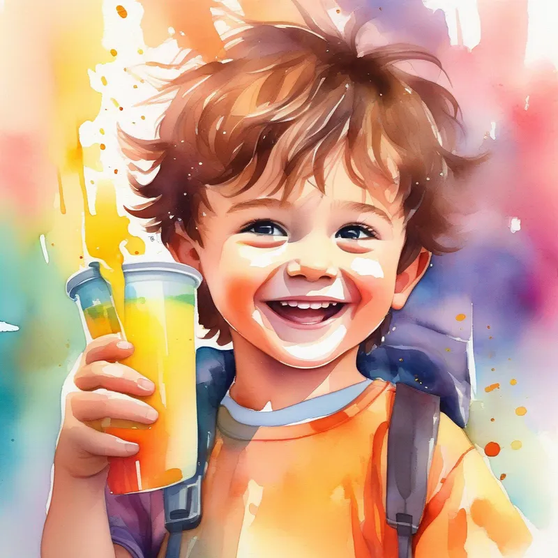 A young boy with messy brown hair and a big smile, vibrant clothes spilling juice on the security system, dimmed colors