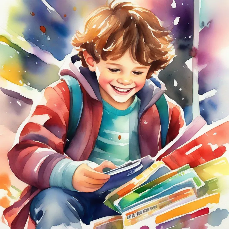 A young boy with messy brown hair and a big smile, vibrant clothes finding the credit cards in his dad's wallet, shiny colors