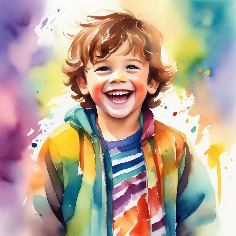 A young boy with messy brown hair and a big smile, vibrant clothes feeling happy and proud, bright colors