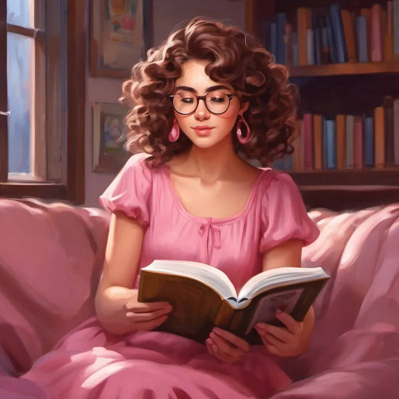 Curly brown hair, glasses, pink dress reading a book and holding her bladder