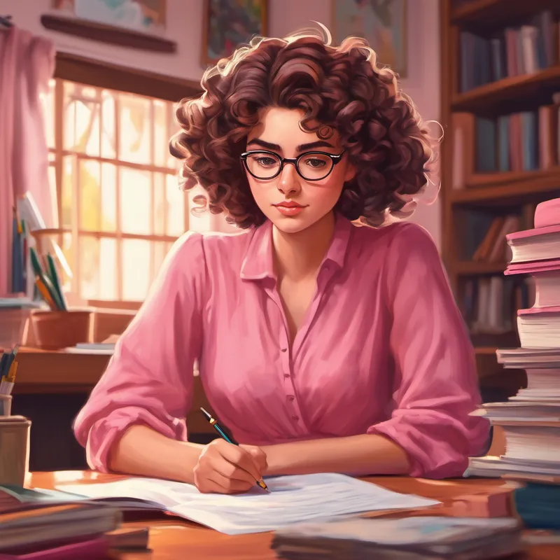 Curly brown hair, glasses, pink dress sitting at a desk, concentrating hard