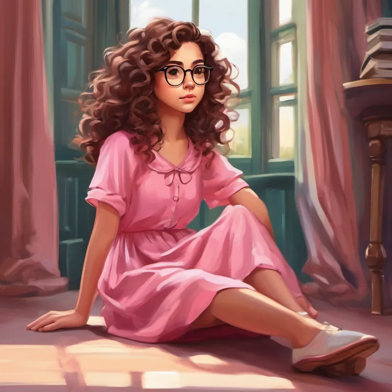 Curly brown hair, glasses, pink dress with crossed legs, looking determined