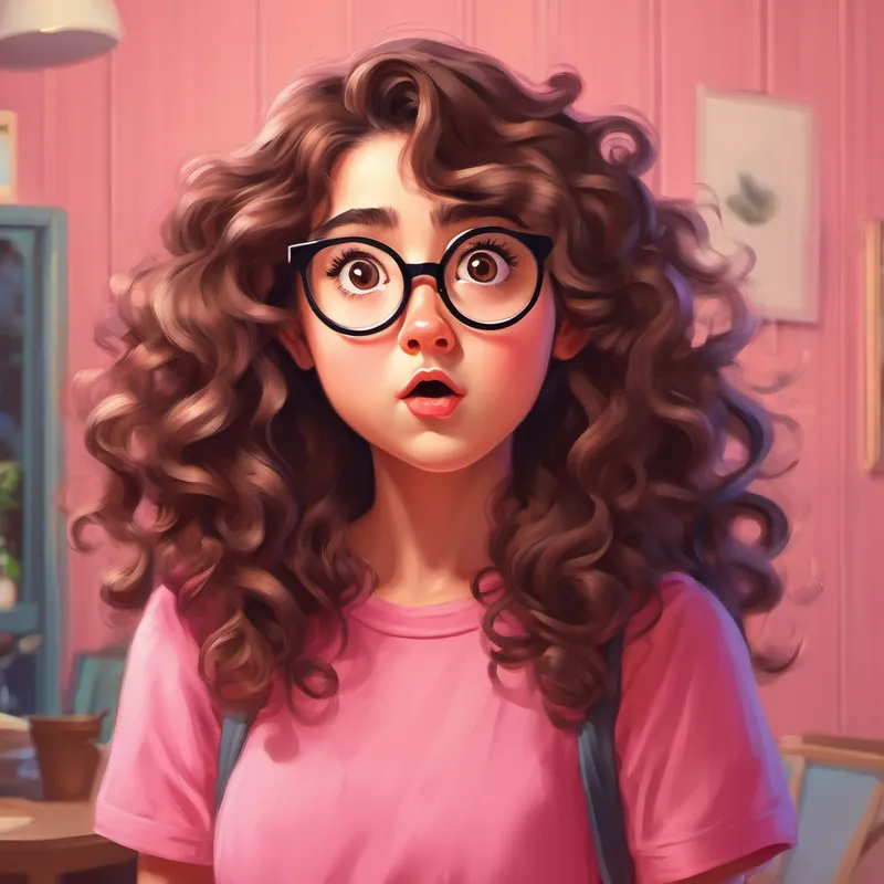 Curly brown hair, glasses, pink dress with a surprised expression, feeling a tingle