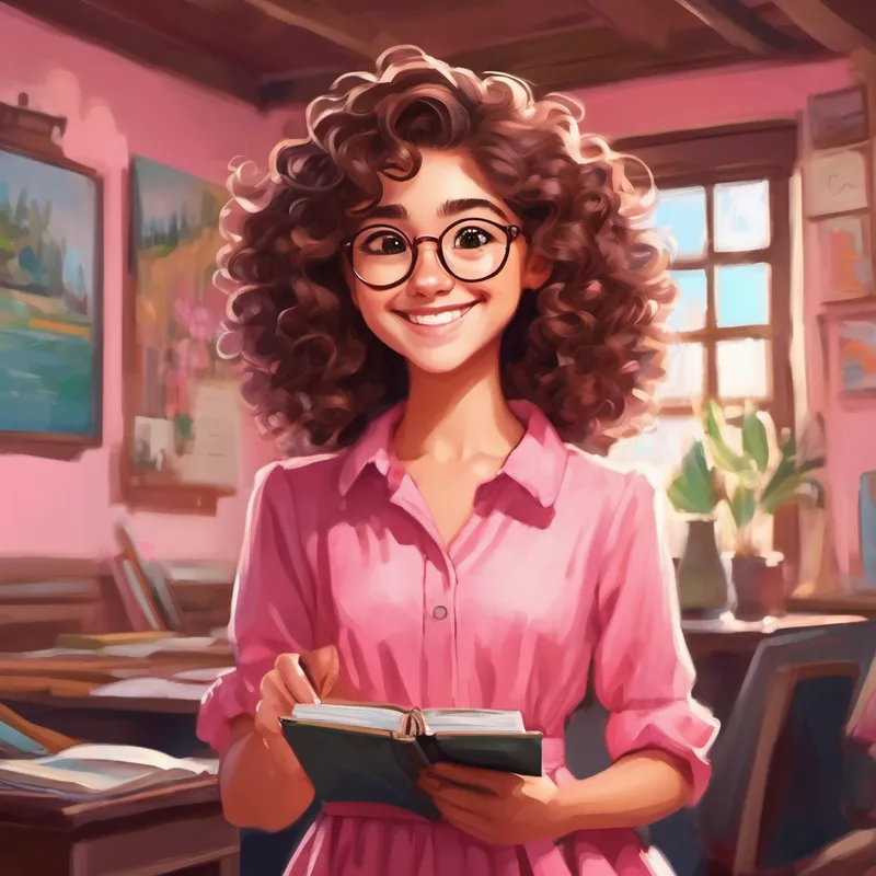 Curly brown hair, glasses, pink dress with a big smile, holding a test with an A+