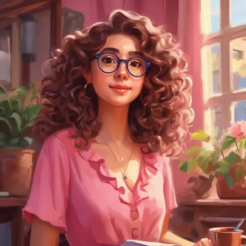 Curly brown hair, glasses, pink dress talking to friends about her discovery