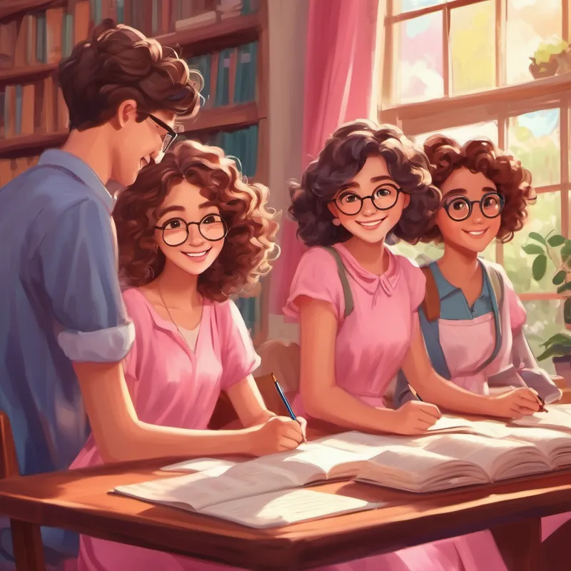Curly brown hair, glasses, pink dress and friends happily studying together