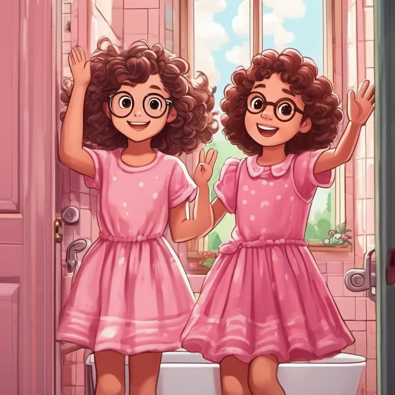 Curly brown hair, glasses, pink dress and friends waving in front of a bathroom