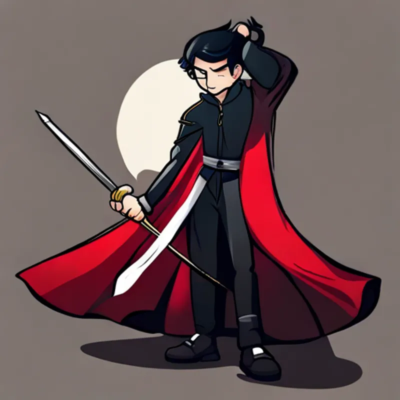 Brave hero in red cape with a sword with a thinking pose, Sneaky villain in black cloak with an evil smirk sweating nervously