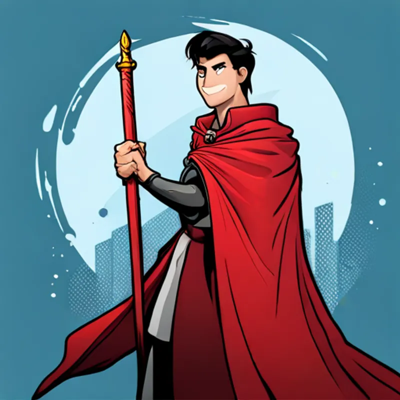 Brave hero in red cape with a sword standing tall, with a proud smile