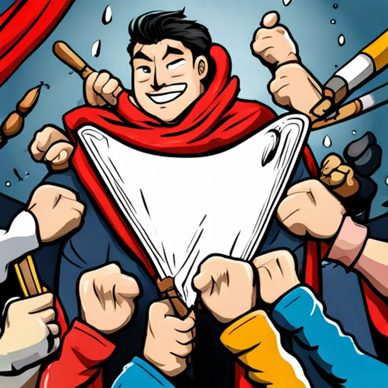 People cheering, holding signs with Brave hero in red cape with a sword's name