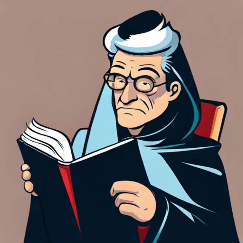 Sneaky villain in black cloak with an evil smirk with a thoughtful expression, looking at a book about goodness