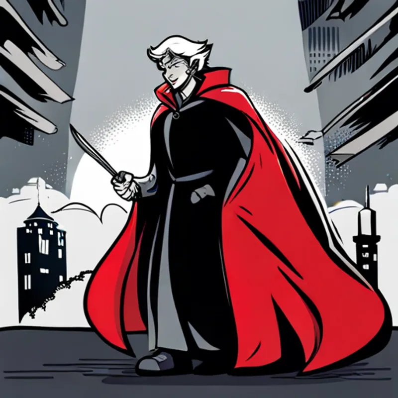 Brave hero in red cape with a sword and Sneaky villain in black cloak with an evil smirk shaking hands, smiling happily