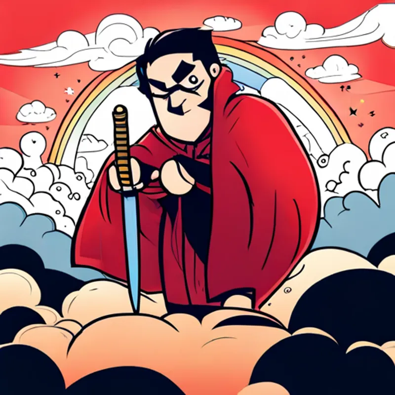 Brave hero in red cape with a sword and Sneaky villain in black cloak with an evil smirk playing together, surrounded by rainbows