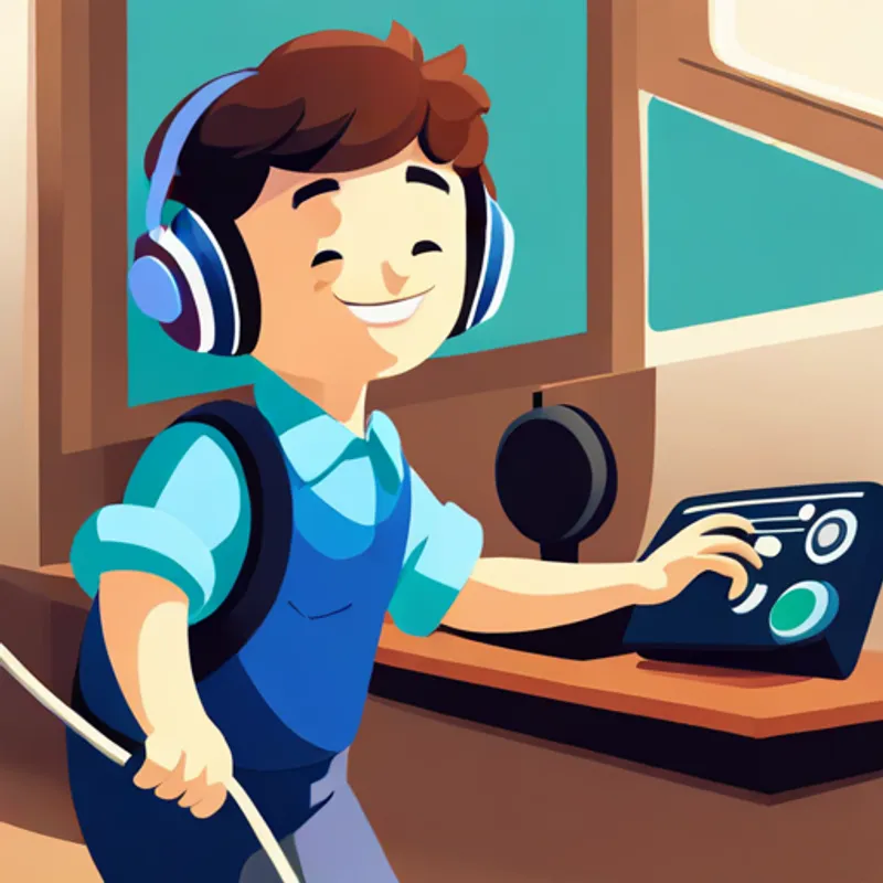 Ethan listening to music on the radio with a big smile