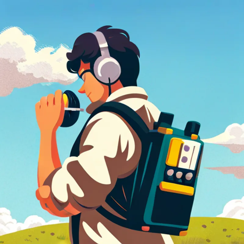 Ethan carrying the radio on his shoulder and listening happily