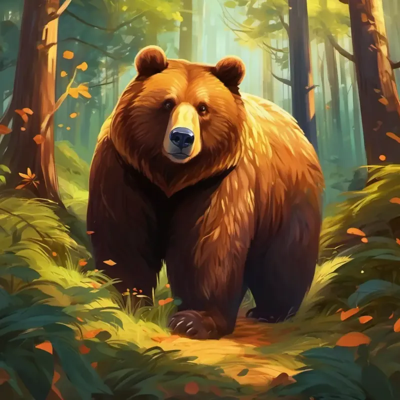 Garotinho corajoso, cabelos castanhos e olhos brilhantes está na floresta, cercado por árvores altas. Surge o urso feroz, com pele marrom e olhos furiosos. Garotinho corajoso, cabelos castanhos e olhos brilhantes está lutando contra o urso bravamente, mostrando sua coragem.