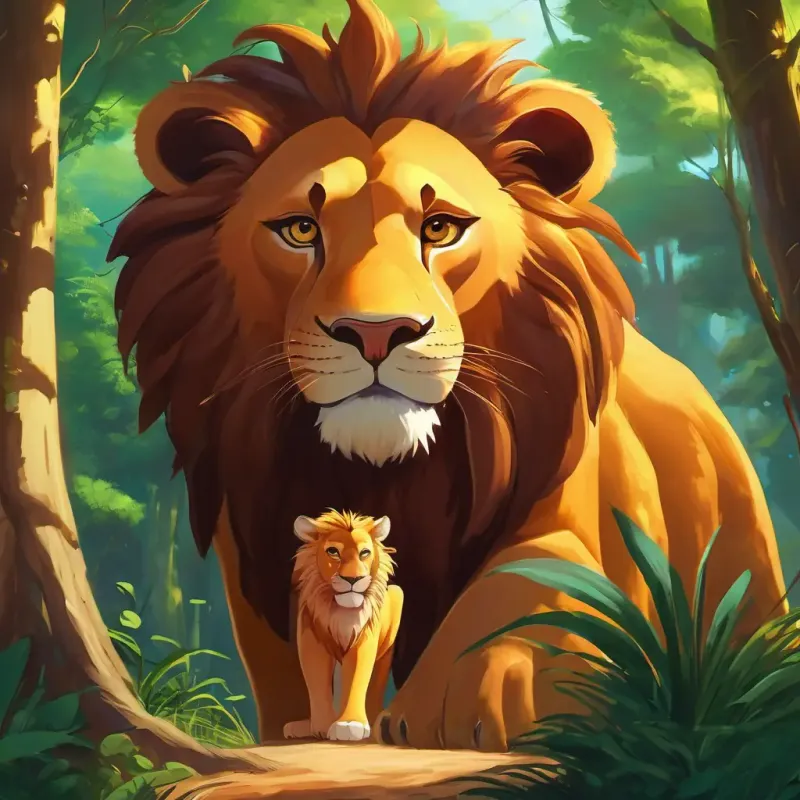 Agora, Garotinho corajoso, cabelos castanhos e olhos brilhantes encontra o leão aterrorizante na floresta. O leão tem uma juba majestosa e olhos penetrantes. Garotinho corajoso, cabelos castanhos e olhos brilhantes mostra sua valentia enquanto luta contra o leão.