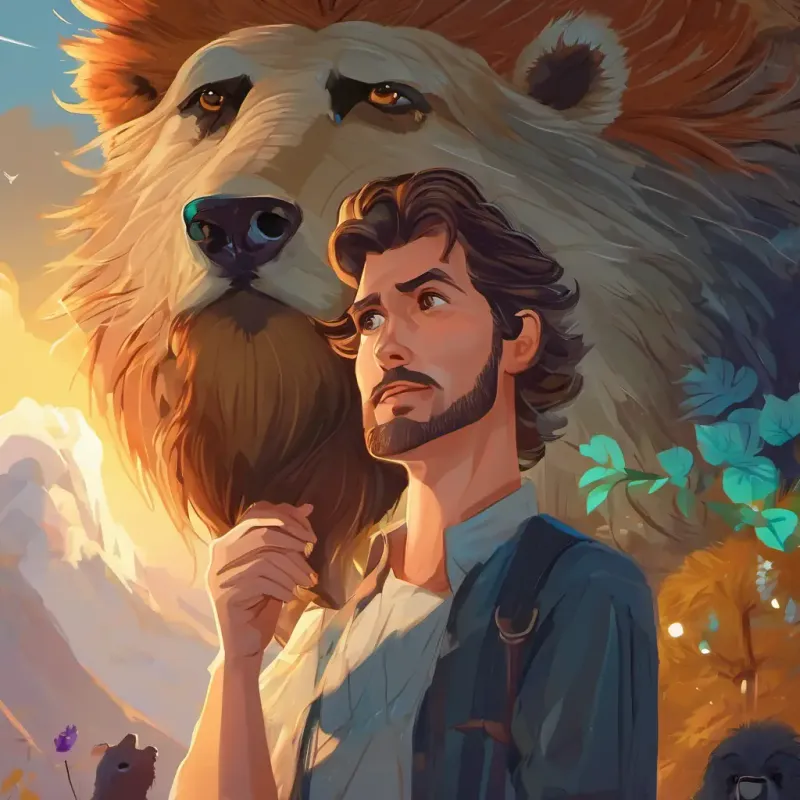 Barba branca e olhos gentis, sempre olhando com admiração, com sua barba branca e olhos gentis, observa Garotinho corajoso, cabelos castanhos e olhos brilhantes com admiração. Ele elogia a bravura de Garotinho corajoso, cabelos castanhos e olhos brilhantes ao lutar contra o urso e o leão. Barba branca e olhos gentis, sempre olhando com admiração transforma Garotinho corajoso, cabelos castanhos e olhos brilhantes em um rei com uma coroa dourada e ele governa com sabedoria e coragem.