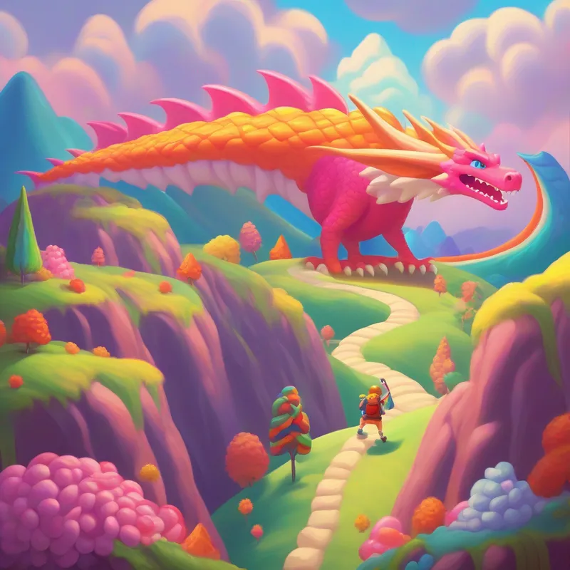 Blanket climbing a candy mountain and meeting a friendly dragon.