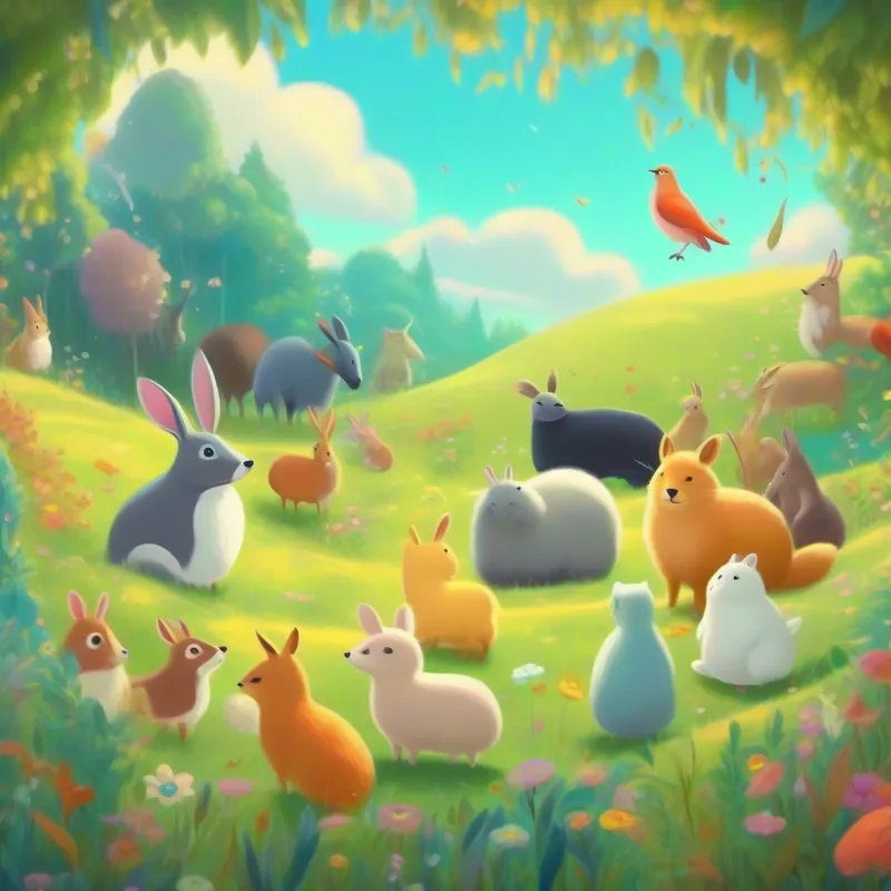 Blanket surrounded by talking animals in a magical meadow.