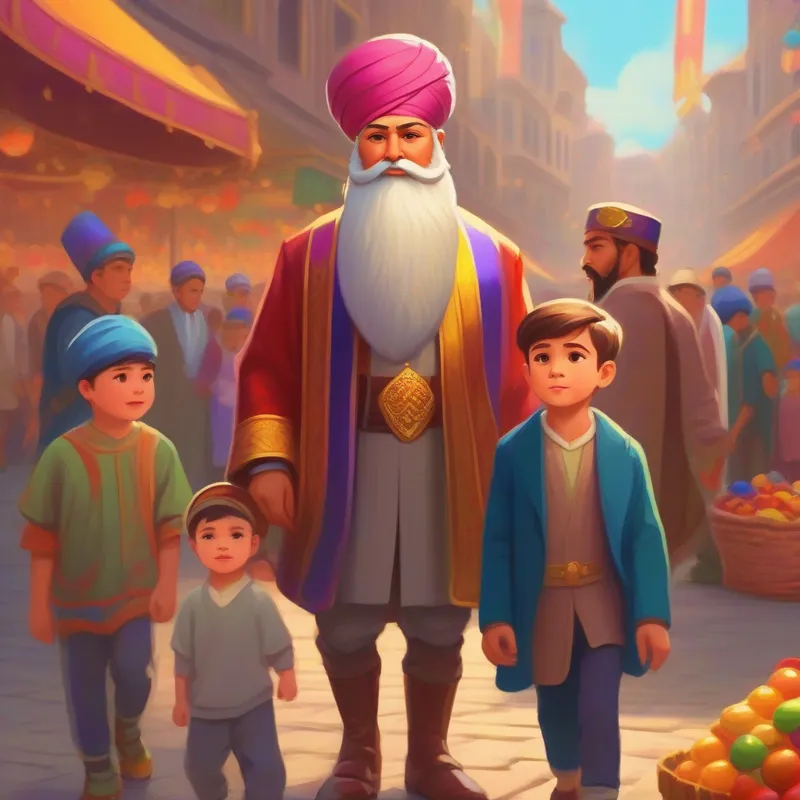 Emperor with a royal attire, a jeweled crown, Smart advisor with a long beard, a colorful turban, and people in the market square, little boy with rosy cheeks, wearing simple clothes looking guilty