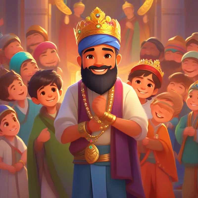 little boy with rosy cheeks, wearing simple clothes showing the necklace to Emperor with a royal attire, a jeweled crown and Smart advisor with a long beard, a colorful turban, big smiles all around