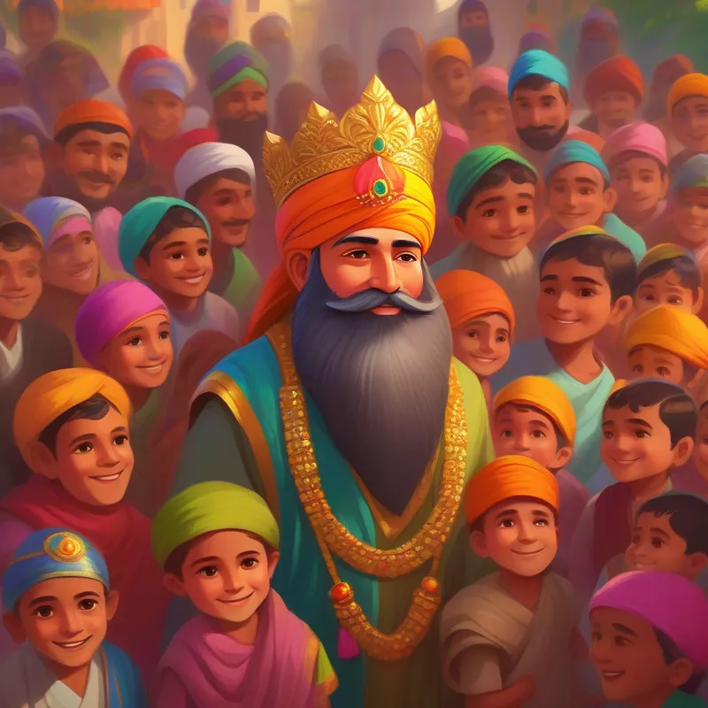 Emperor with a royal attire, a jeweled crown, Smart advisor with a long beard, a colorful turban, little boy with rosy cheeks, wearing simple clothes, and the people of Hindustan with smiles and pride