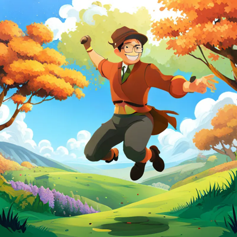 Henry jumping with joy while holding Copo