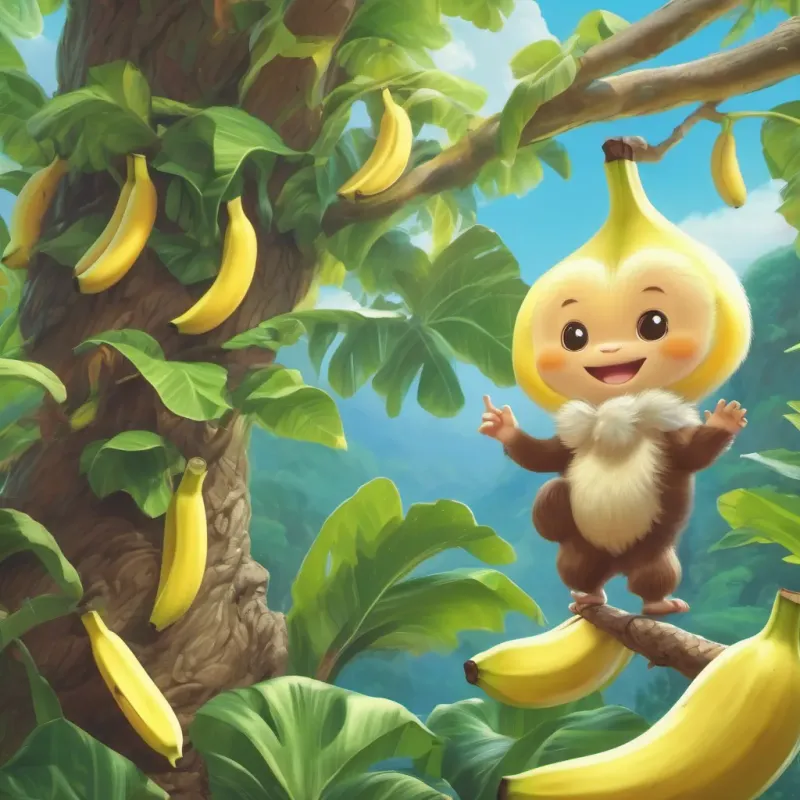 Baby bananas appearing on a tree, with Benny smiling brightly