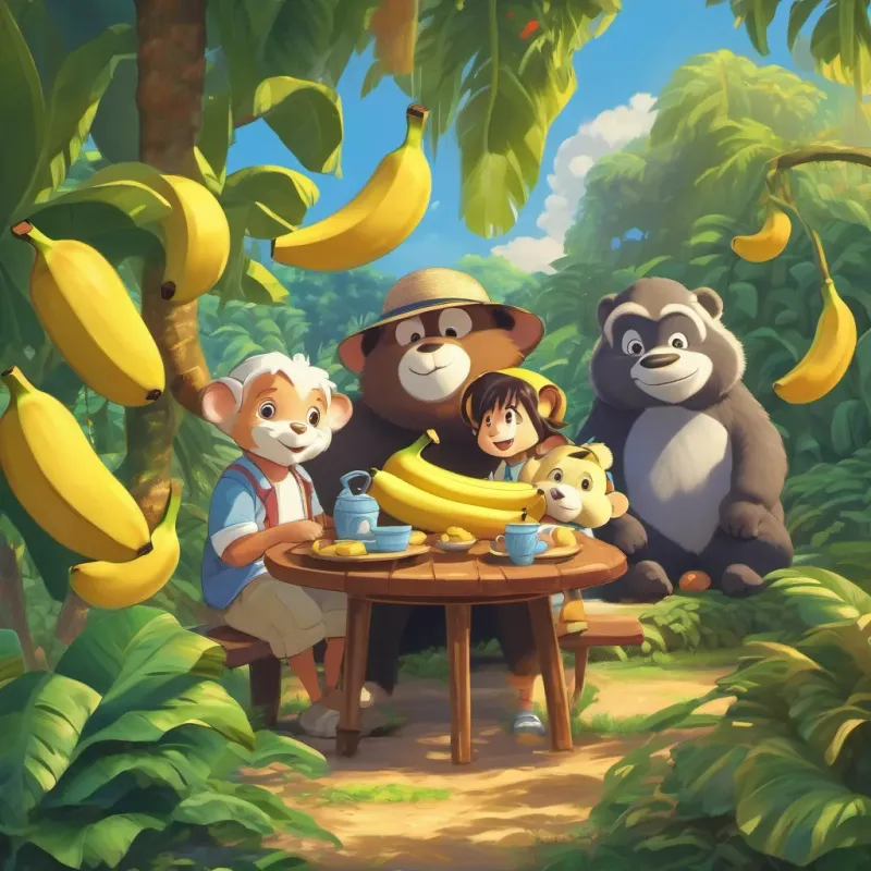 Benny and his friends enjoying bananas together under a large banana tree