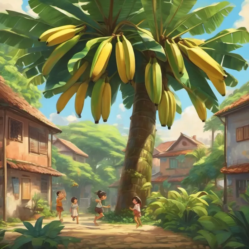The flourishing banana tree with the town's children playing around it