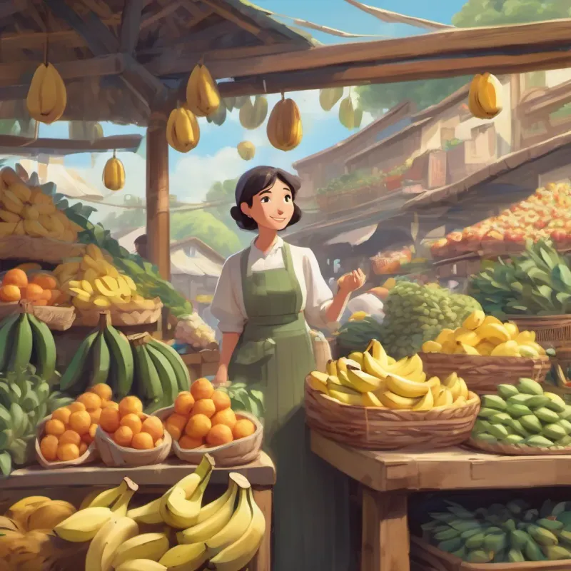 A sweet lady at a market stand handing Benny a bunch of bananas