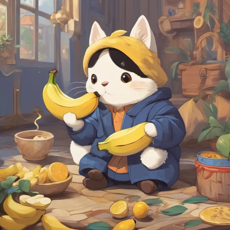 Benny looking puzzled while munching on a banana, with tickle lines around his tummy
