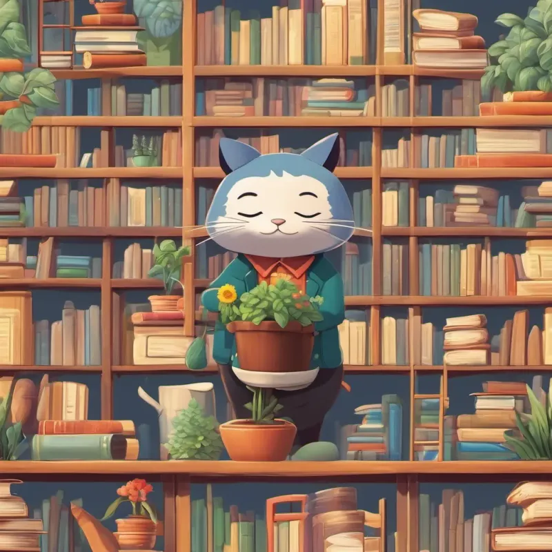 Benny surrounded by books about gardening, looking determined