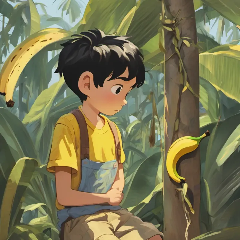 A sad Benny(a boy with short black hair, wearing a bright yellow shirt) looking at a wilted banana tree