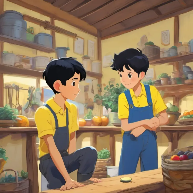 Uncle Farmer and Benny(a boy with short black hair, wearing a bright yellow shirt) talk together