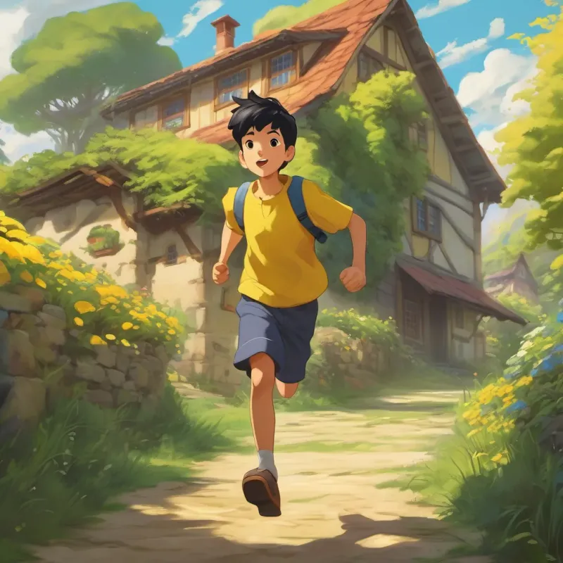 a boy with short black hair, wearing a bright yellow shirt,  running towards Uncle Farmer's house.