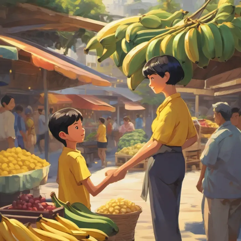 a boy with short black hair, wearing a bright yellow shirt, and his mom buying banana from seller(women) in market