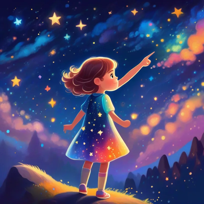 Brave little girl with confidence, wearing a starry dress pointing at stars, colorful night sky