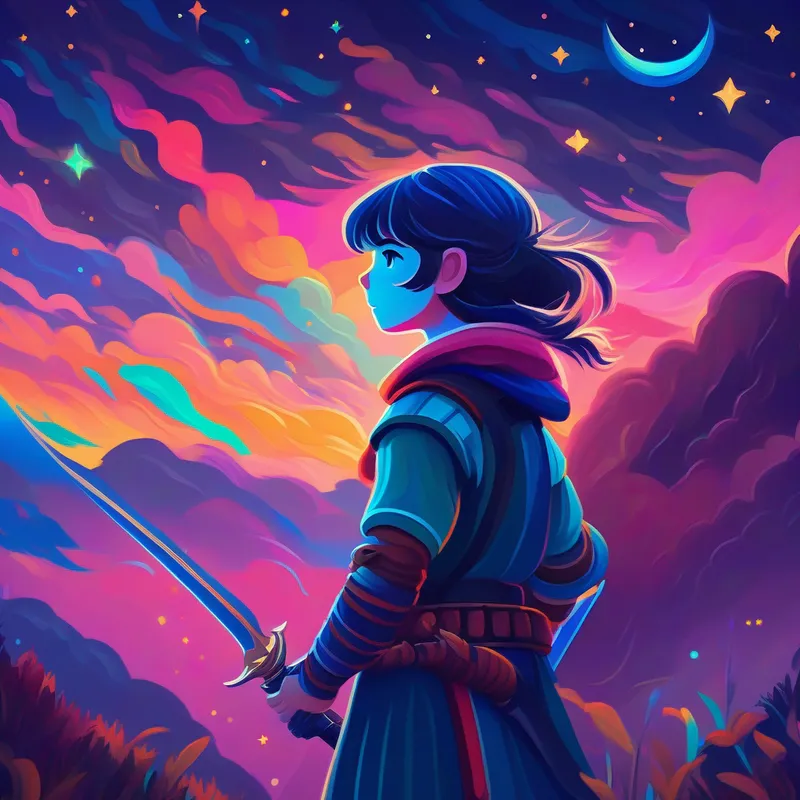 Céu imagining herself as Great hunter with belt and sword, colorful night sky
