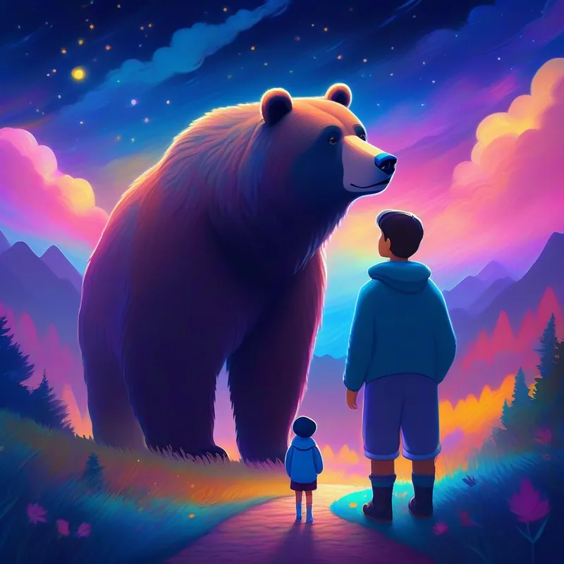 Céu looking at Gentle bear, guiding lost travelers, colorful night sky