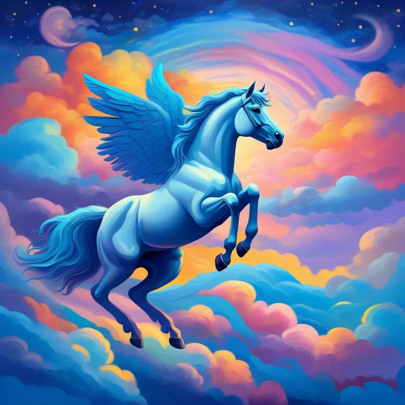 Céu dreaming of riding Mythical winged horse, symbol of confidence, colorful night sky