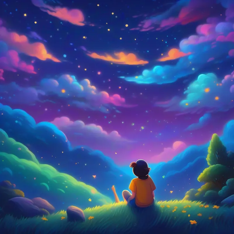 Céu telling stories to her friends, colorful night sky